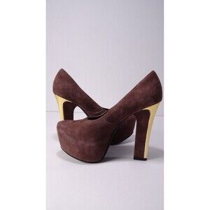 THEYSKENS' THEORY Women's ELYSE Platform Brown Gold High Pumps Sz 37 NWOB 989